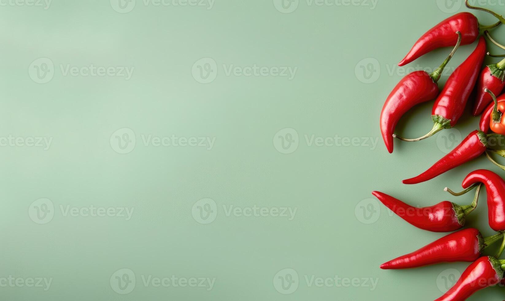 Top view of hot peppers scattered on a pastel green background photo