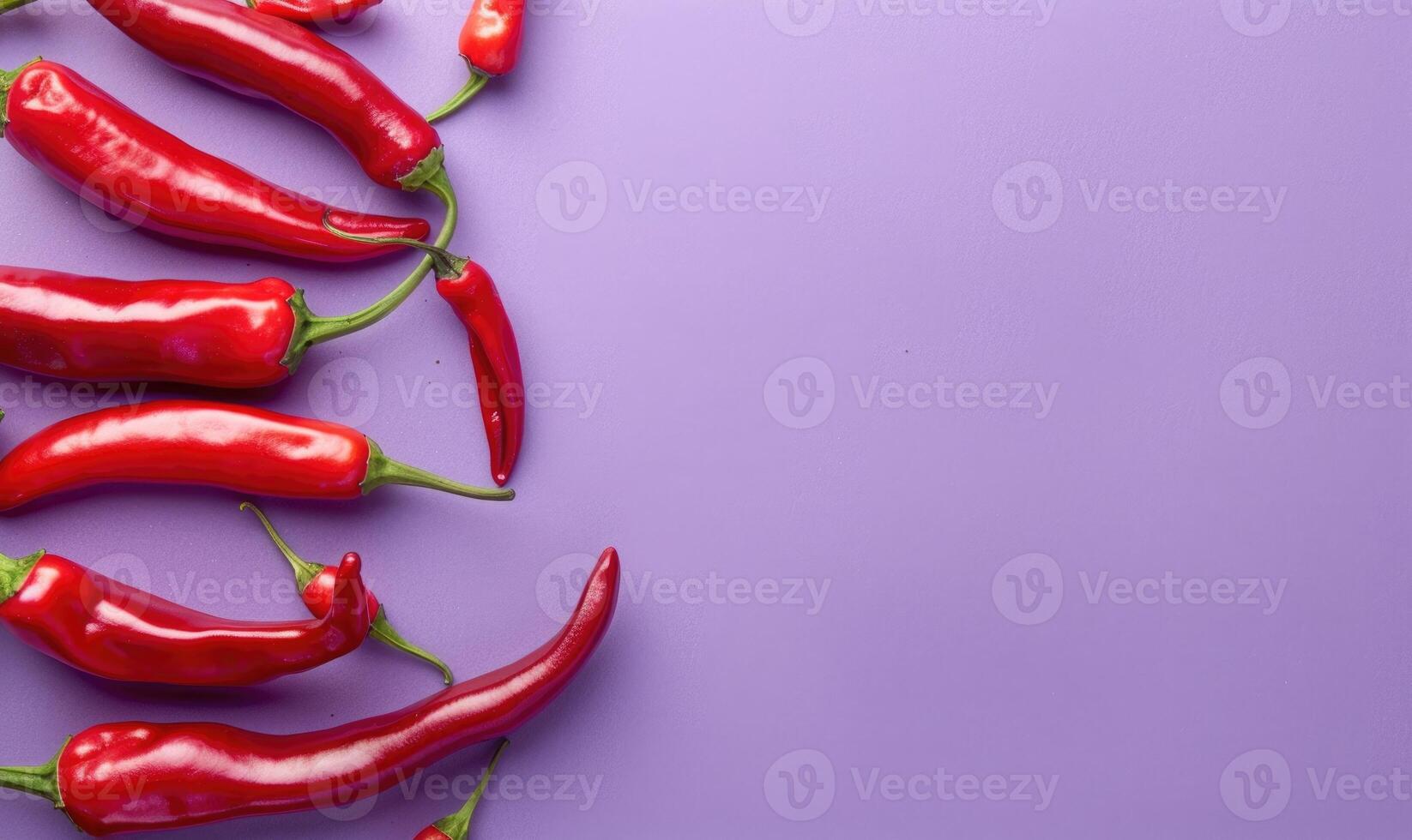 Top view of hot peppers scattered on a purple background photo