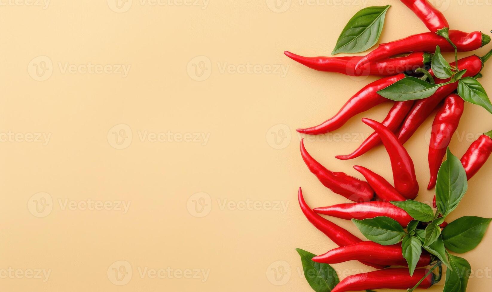 Top view of hot peppers on a pastel yellow background photo