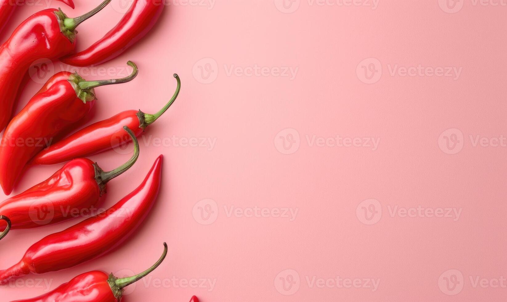 Top view of colorful peppers on a pink background photo