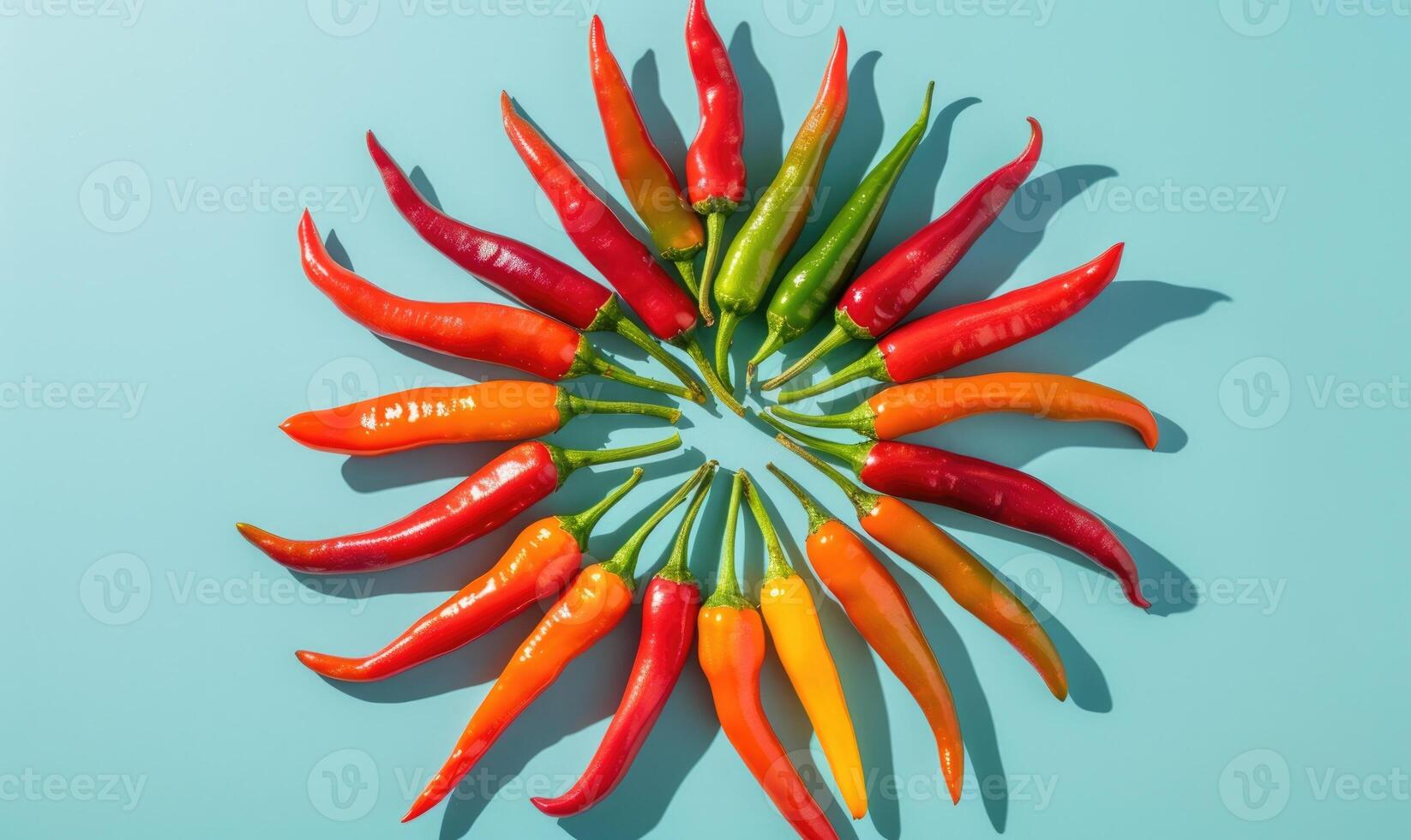 parte superior ver de un mezclado chile pimientos, arreglado en un rayos de sol modelo en un azul antecedentes foto