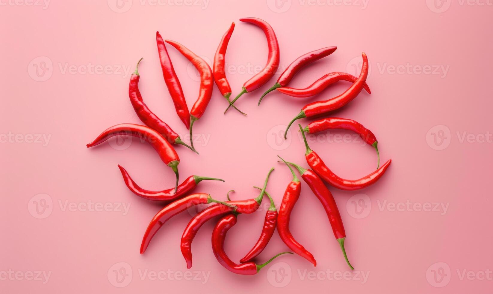 Top view of a mixed chili peppers, arranged in a sunburst pattern on a pink background photo