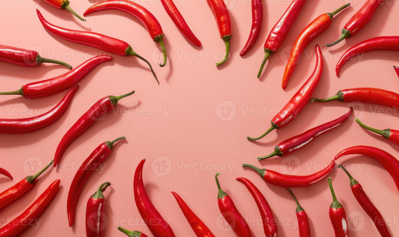 Top view of a mixed chili peppers, arranged in a sunburst pattern on a pink background photo