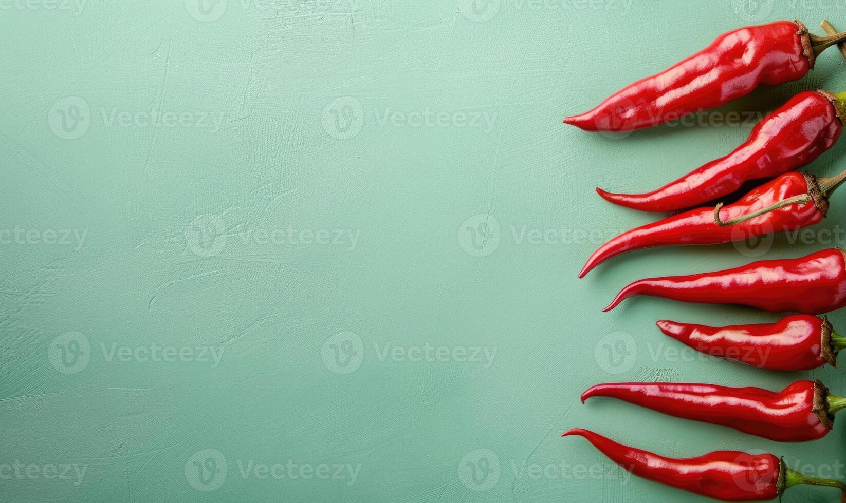 Top view of hot peppers scattered on a pastel green background photo