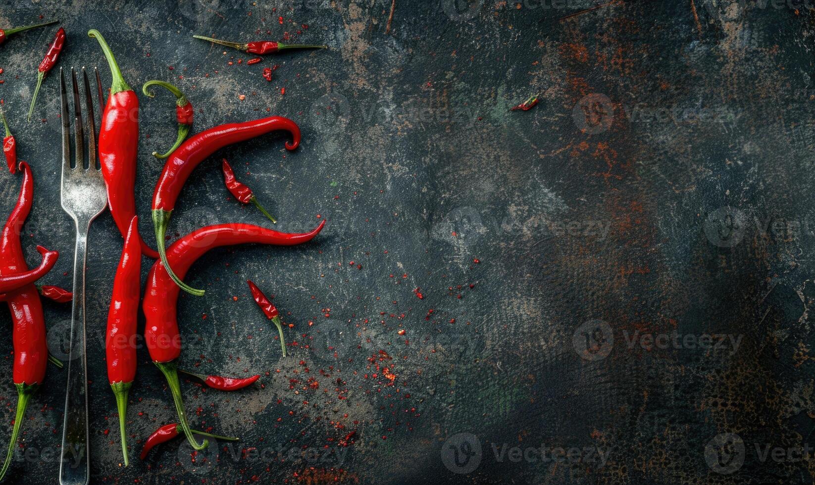 Top view of hot peppers on a rustic wooden board photo