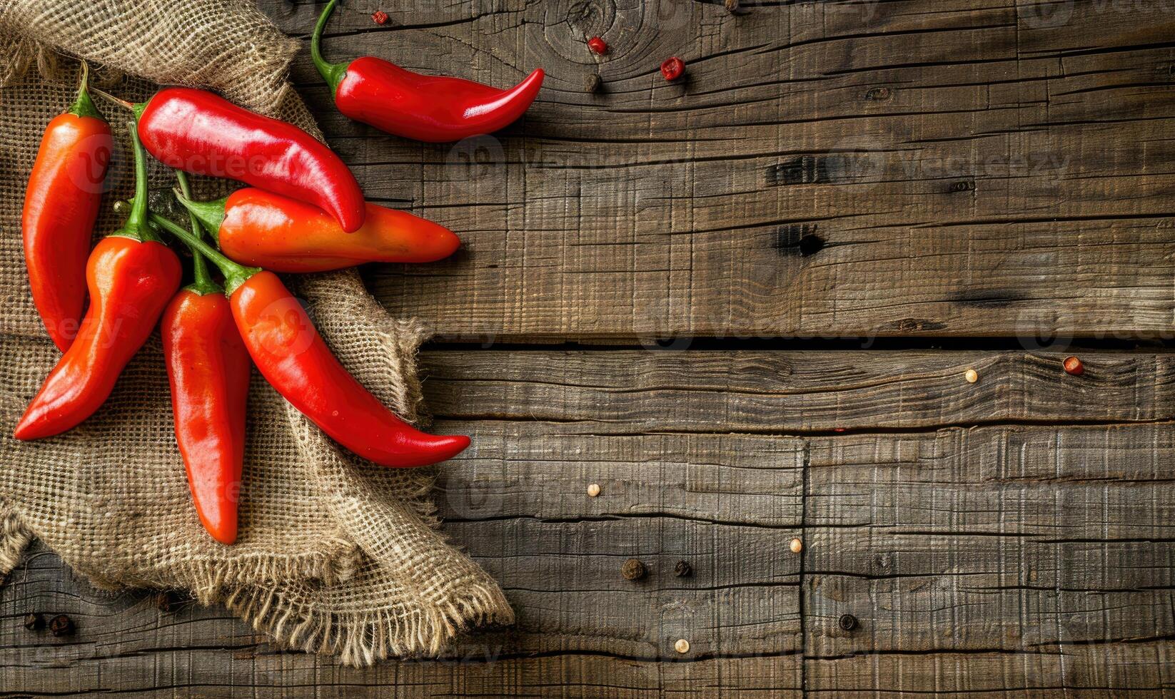 Top view of hot peppers on a rustic wooden board photo