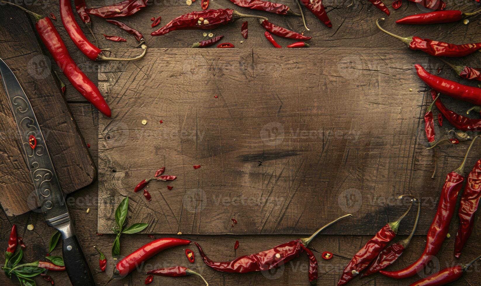 Top view of hot peppers on a rustic wooden board photo
