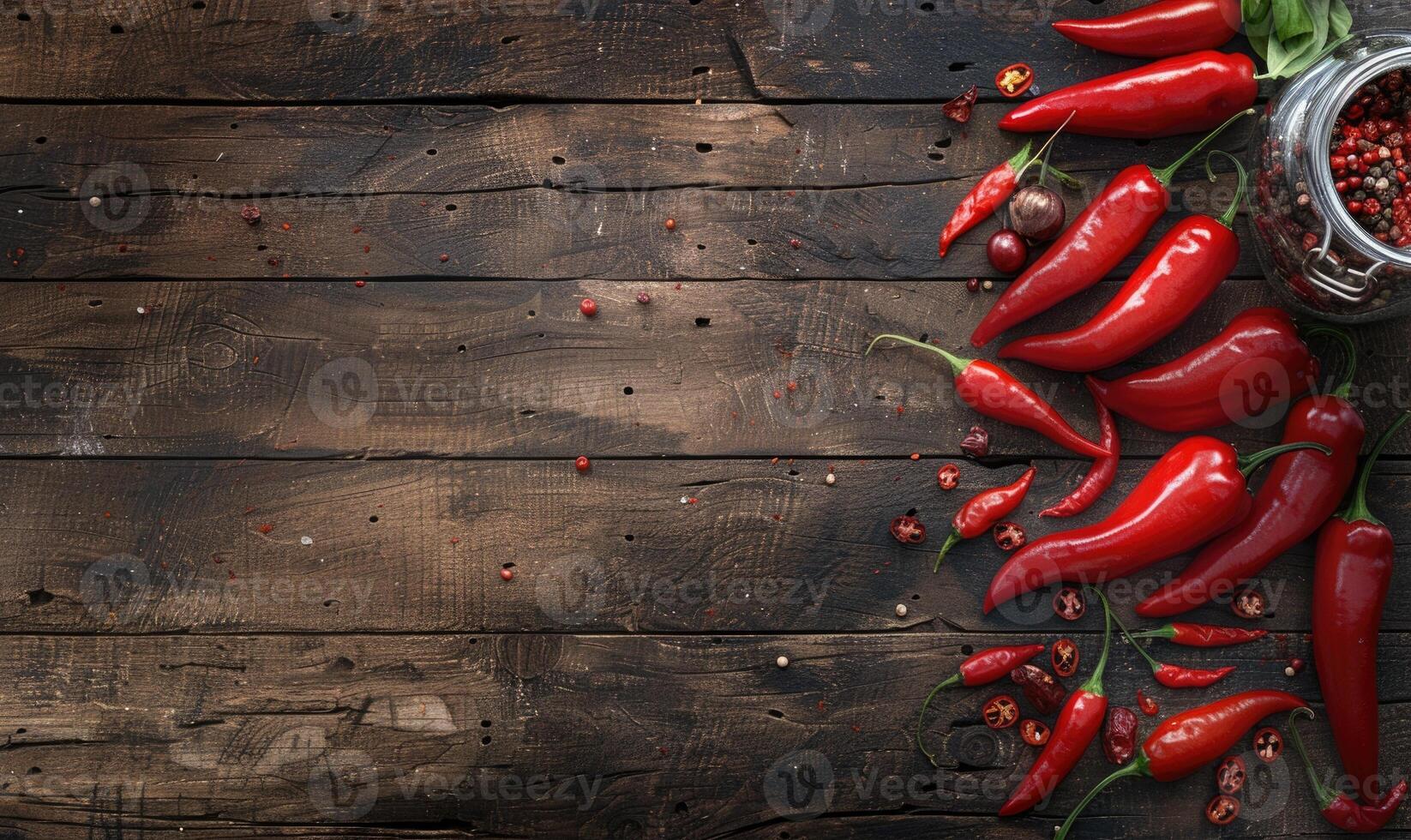 Top view of hot peppers on a rustic wooden board photo