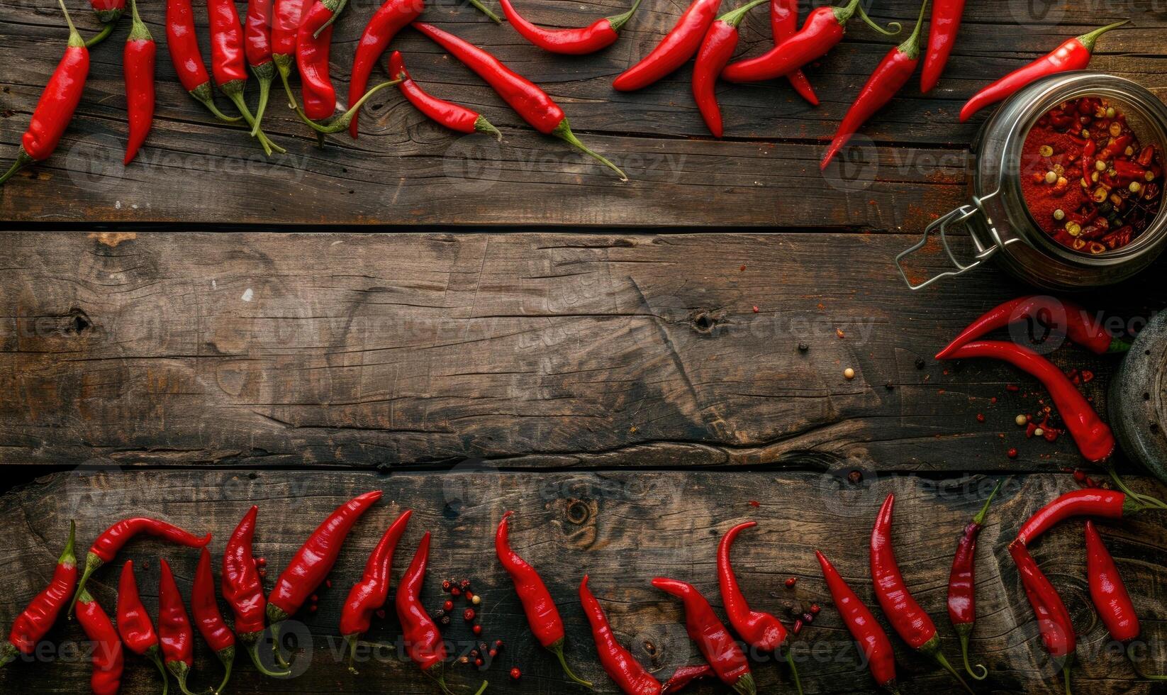 Top view of hot peppers on a rustic wooden board photo