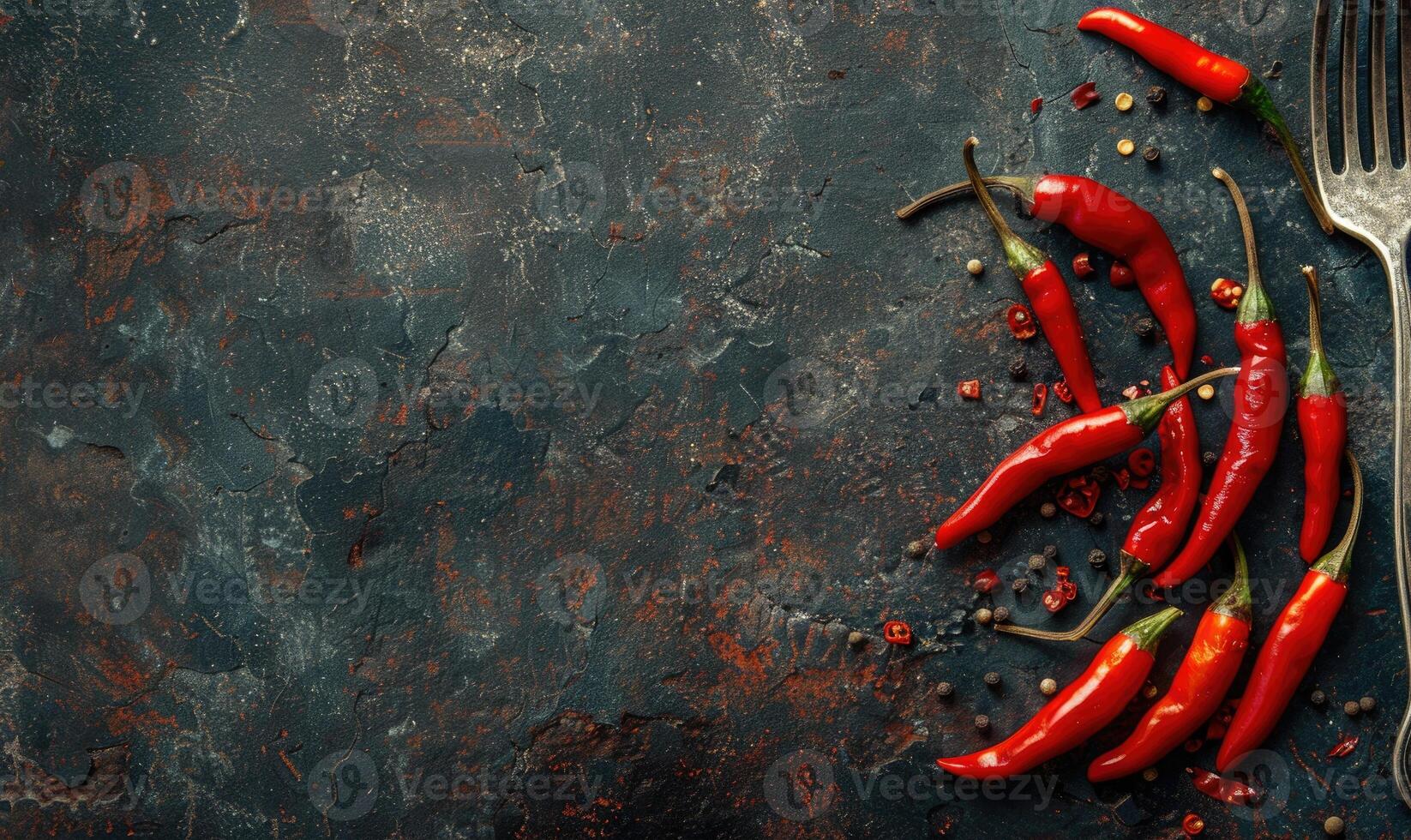 Top view of hot peppers on a rustic wooden board photo