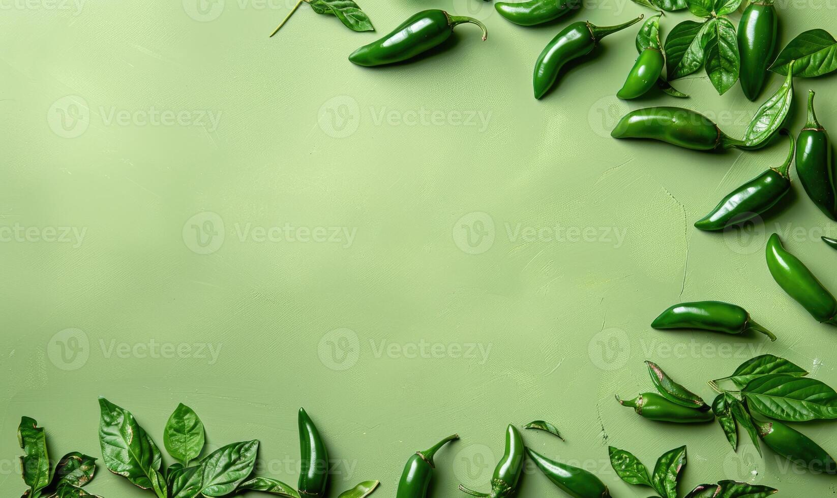 Top view of hot peppers scattered on a pastel green background photo