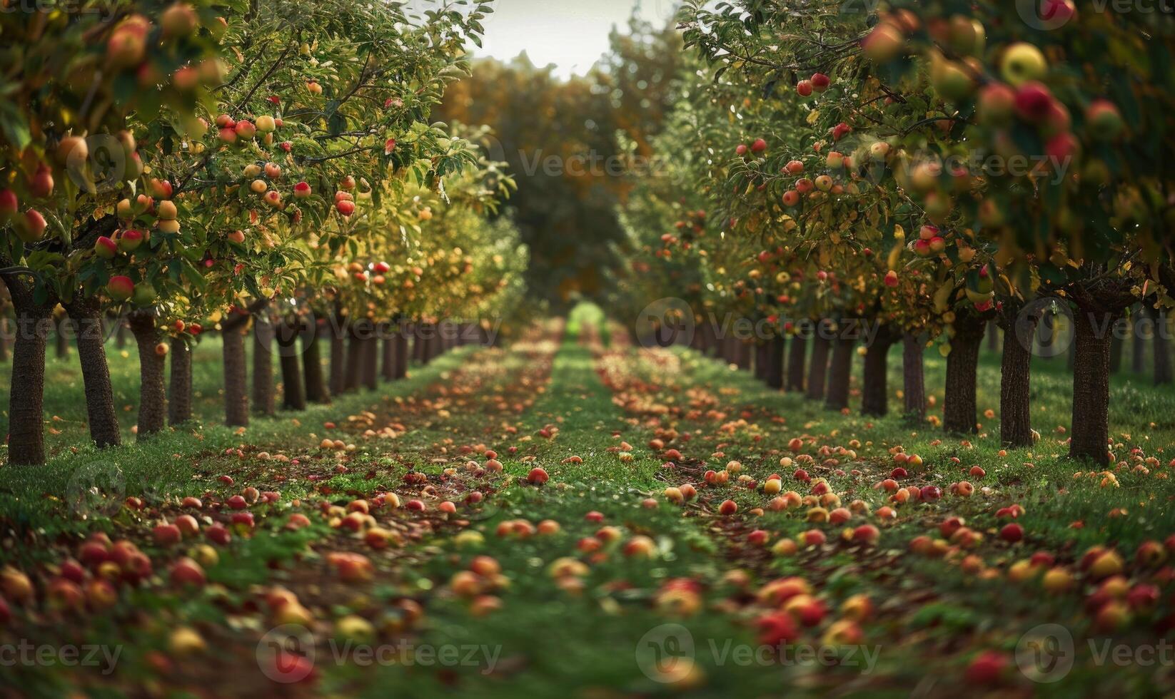 Apple orchard with rows of apple trees fallen apples on the ground photo