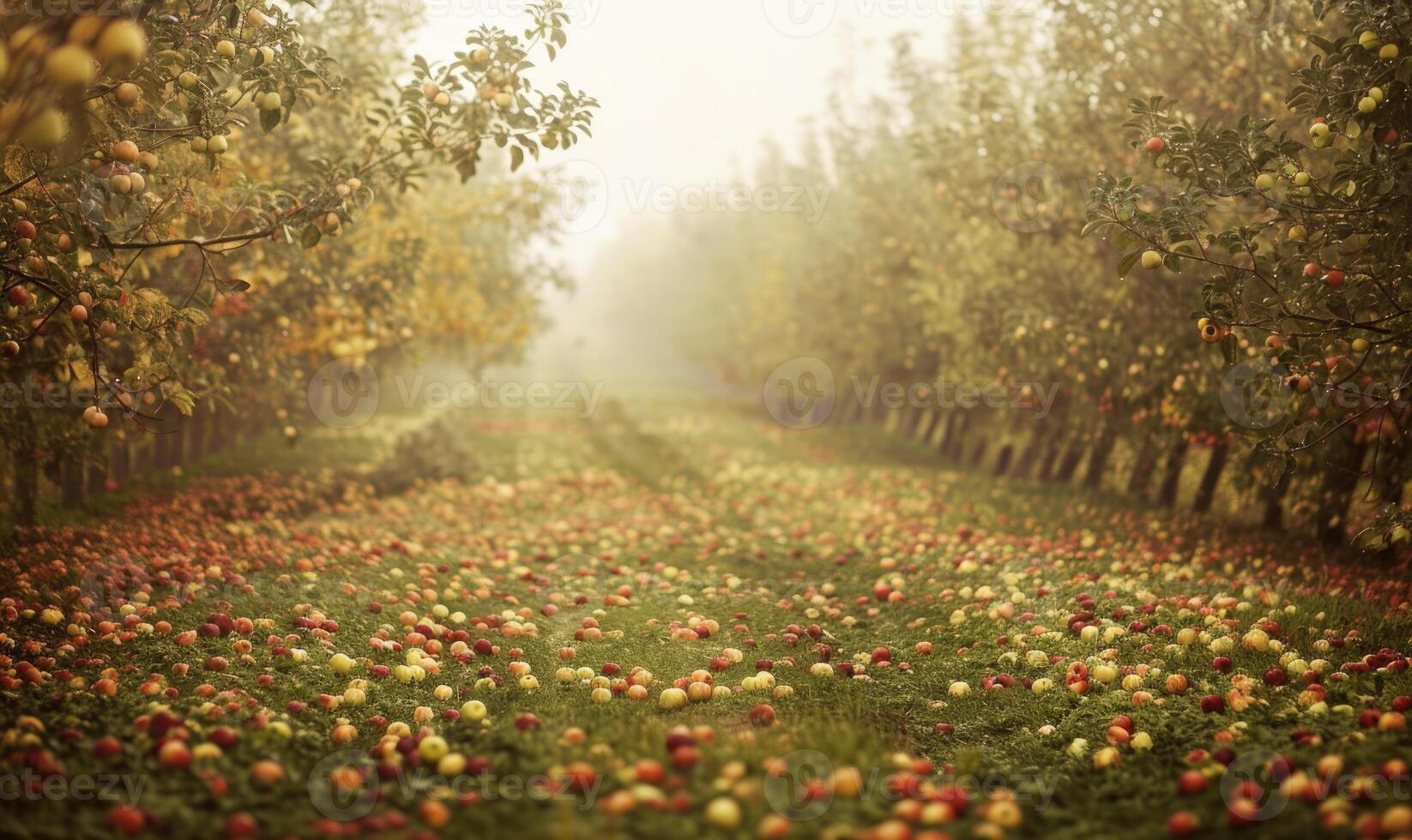 Apple orchard with rows of apple trees fallen apples on the ground photo