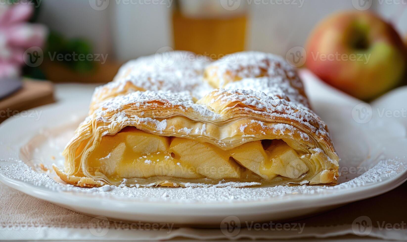 Apple strudel with powdered sugar on top photo