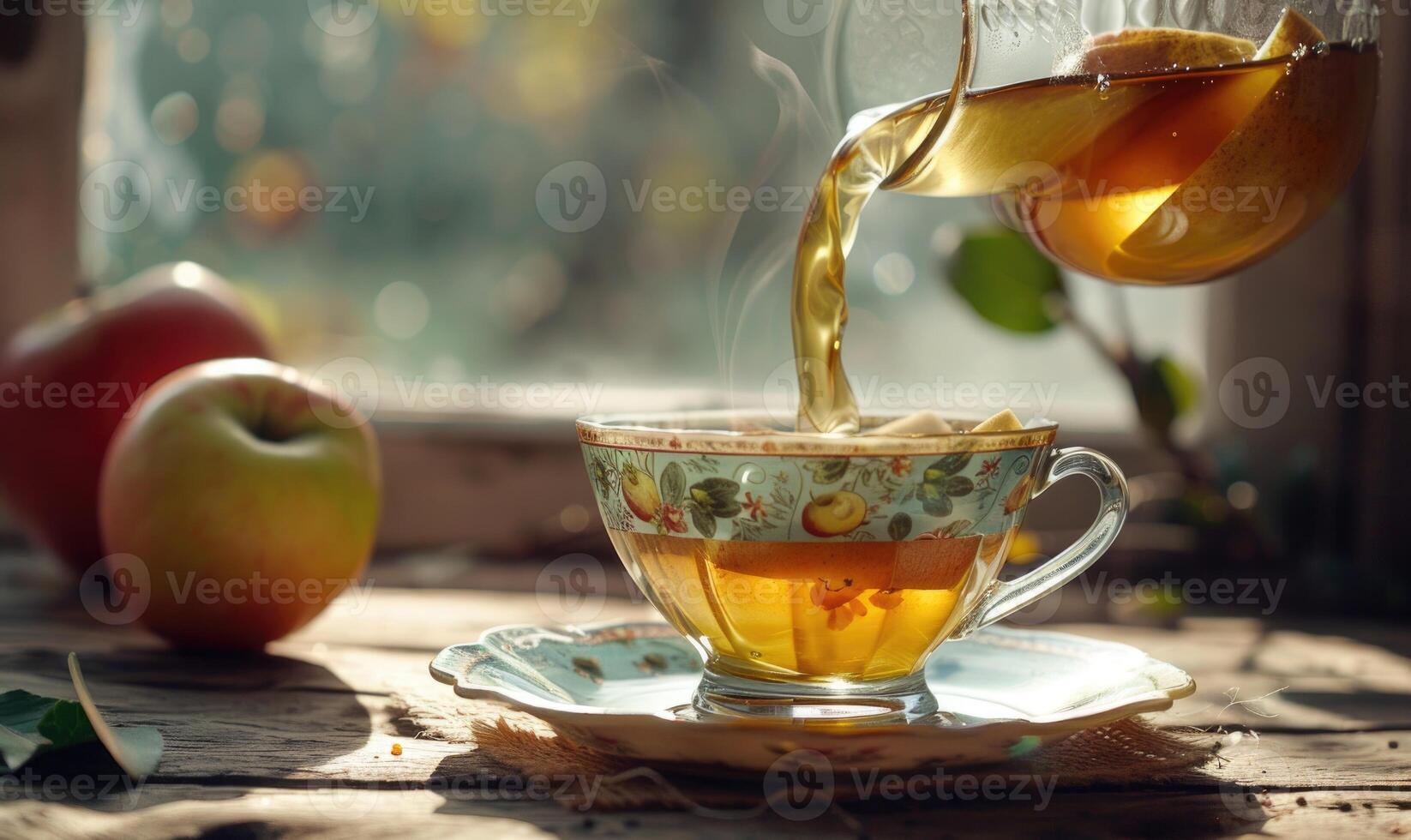 Apple syrup being poured into a cup of tea photo