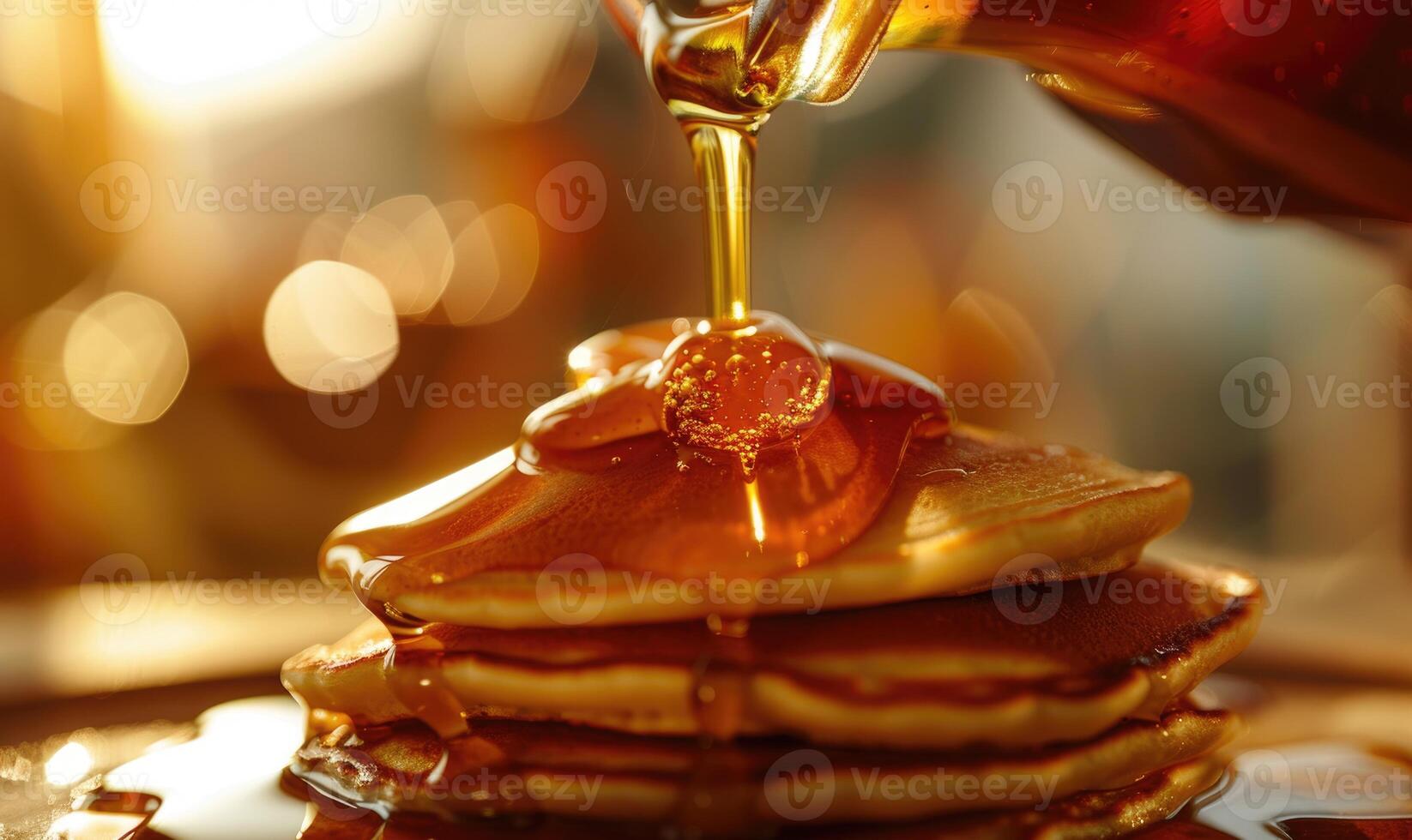 Apple syrup being poured over a stack of pancakes photo
