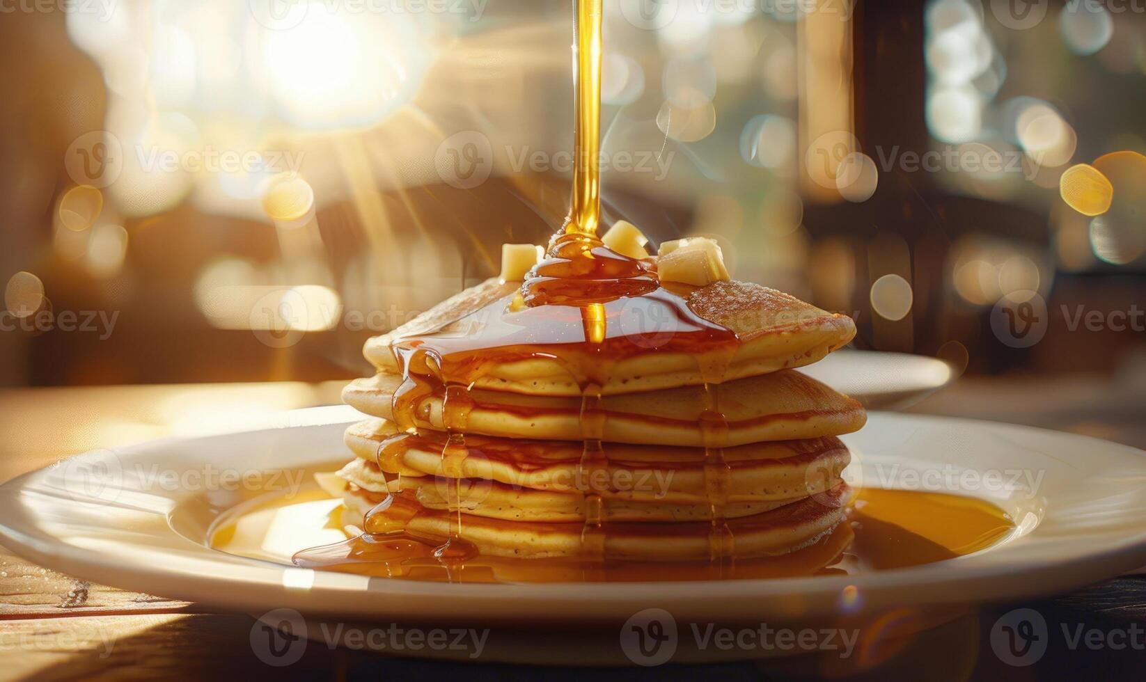 Apple syrup being poured over a stack of pancakes photo