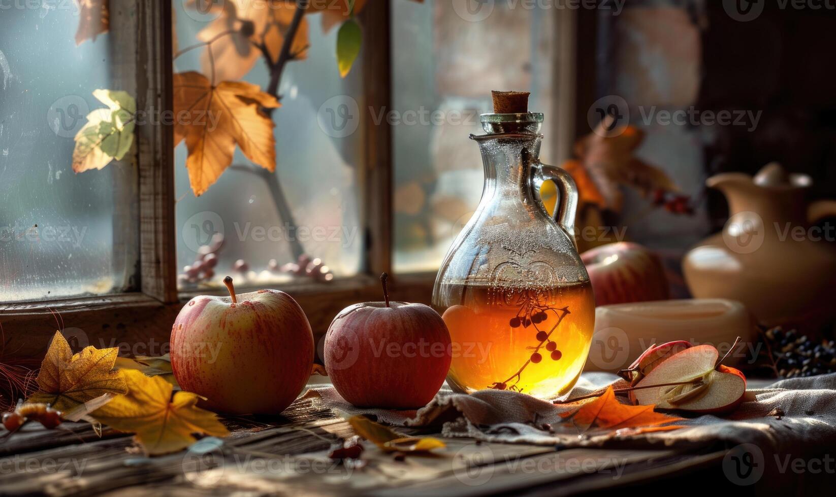 Apple syrup in a bottle with a wooden stopper on a rustic table photo