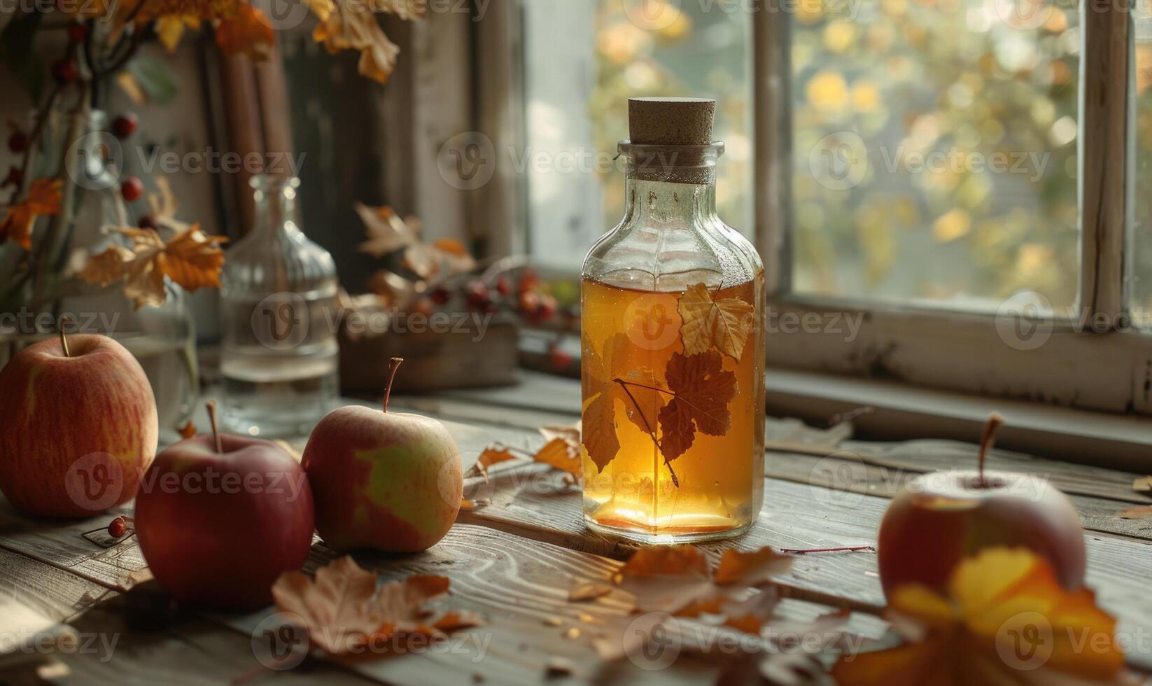 Apple syrup in a bottle with a wooden stopper on a rustic table photo
