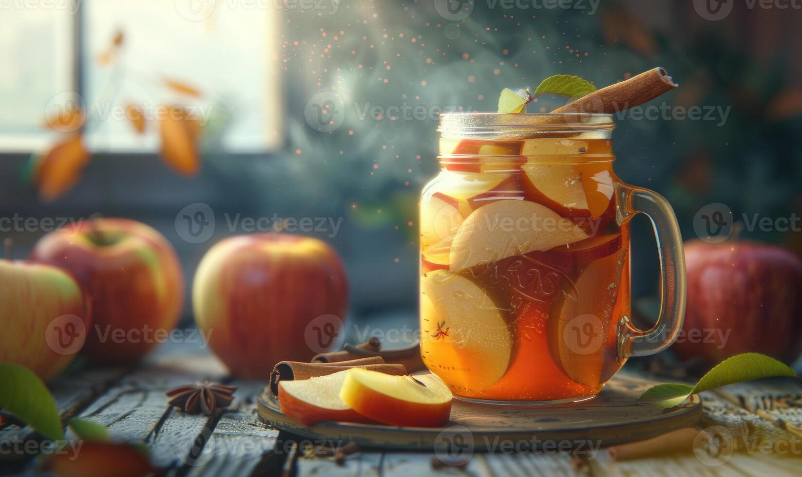 Apple syrup in a mason jar with fresh apples and a cinnamon stick photo