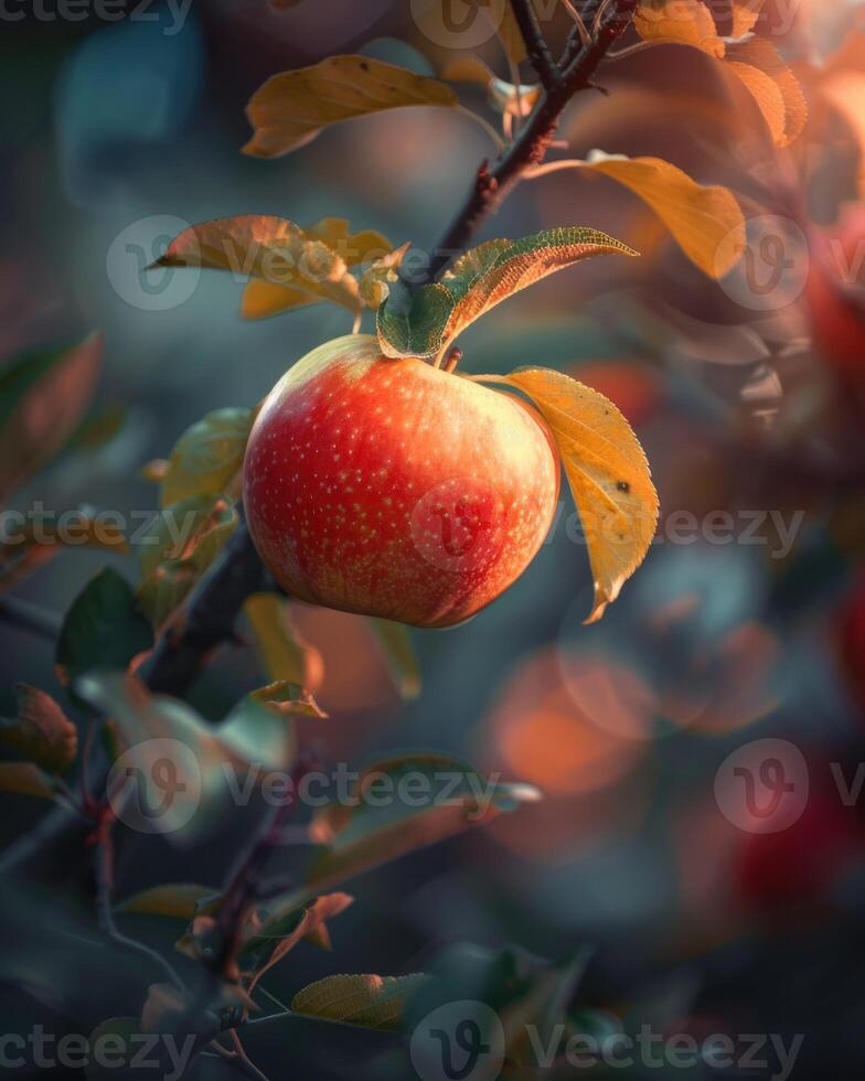 Apple with a bit of sunlight filtering through the leaves photo