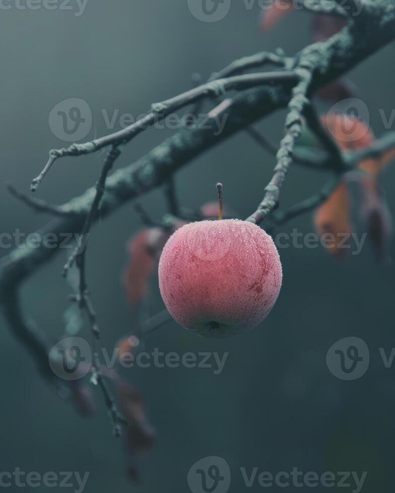 Apple with a slight blush of red on a branch, early morning light photo