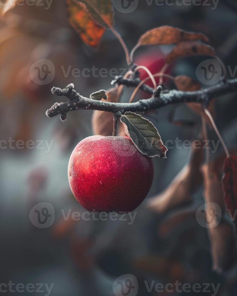 Apple with a slight blush of red on a branch, early morning light photo
