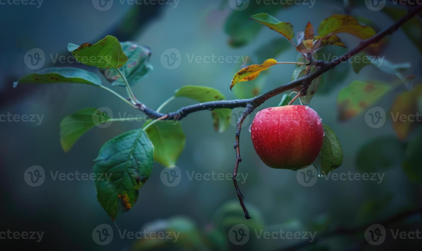 Apple with a slight blush of red on a branch, early morning light photo