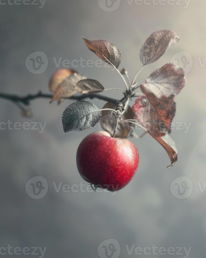 Apple with a slight blush of red on a branch photo
