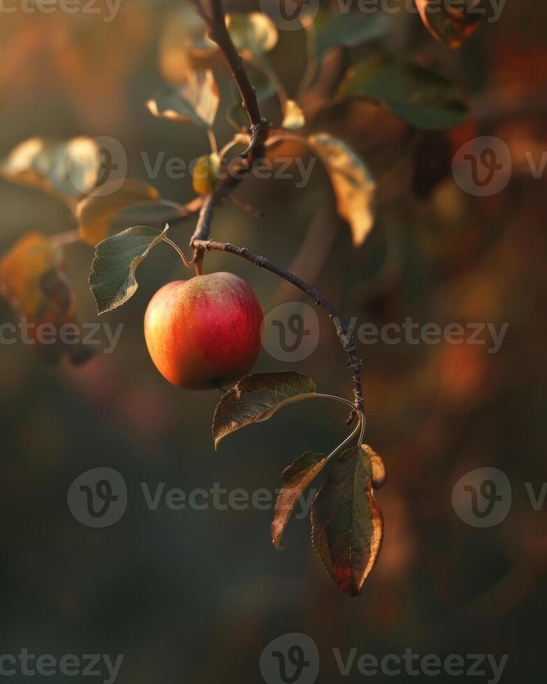 Apple with a slight blush of red on a branch, early morning light photo