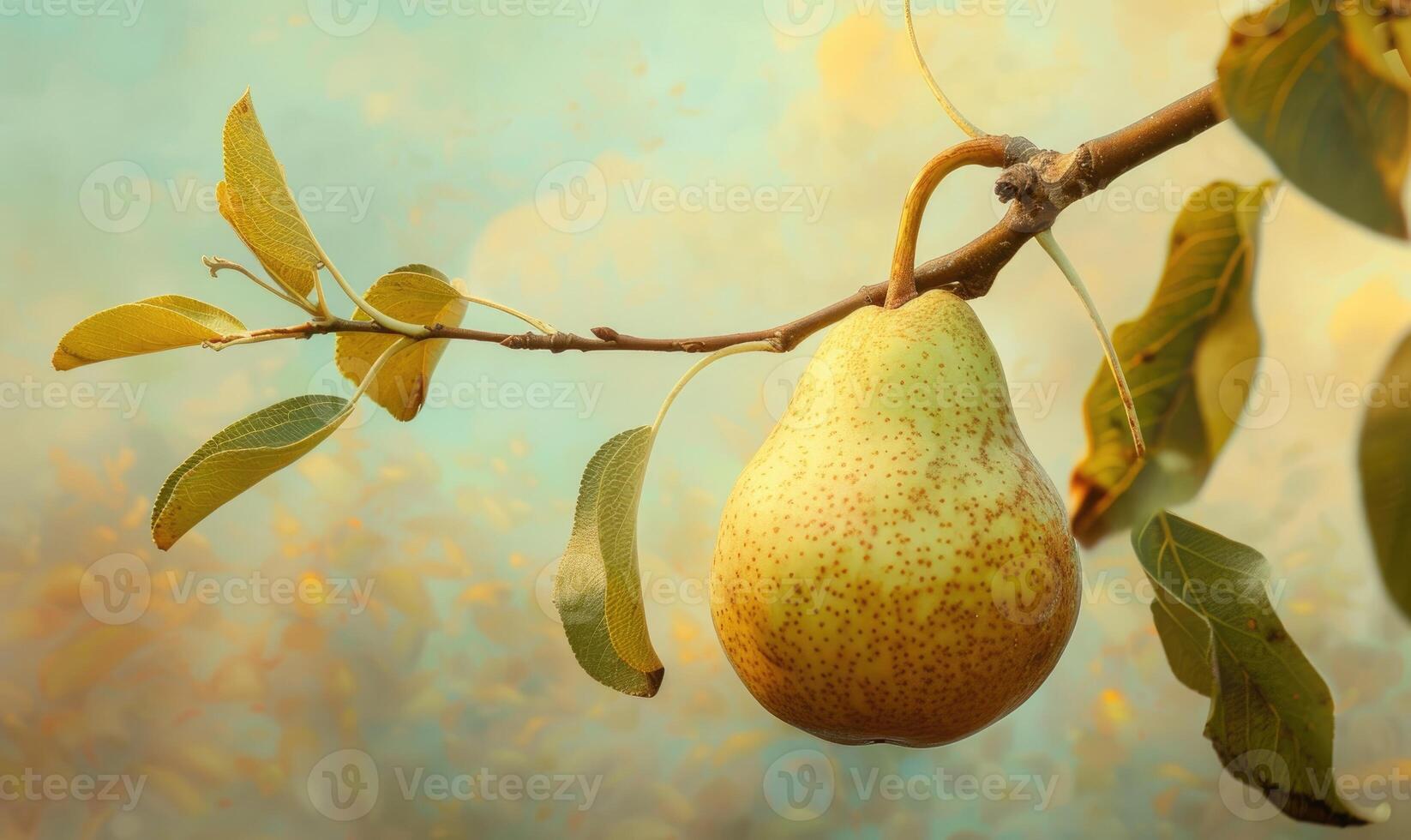 Close-up of a pear with a smooth surface on a branch photo