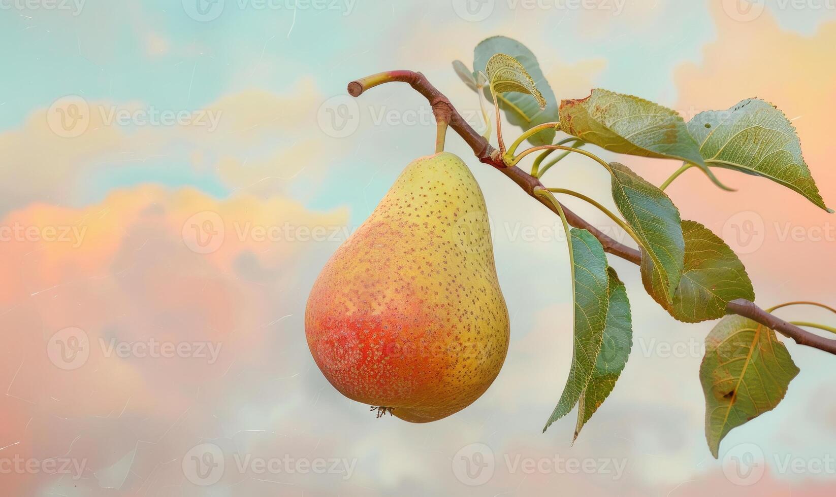 Close-up of a pear with a smooth surface on a branch photo