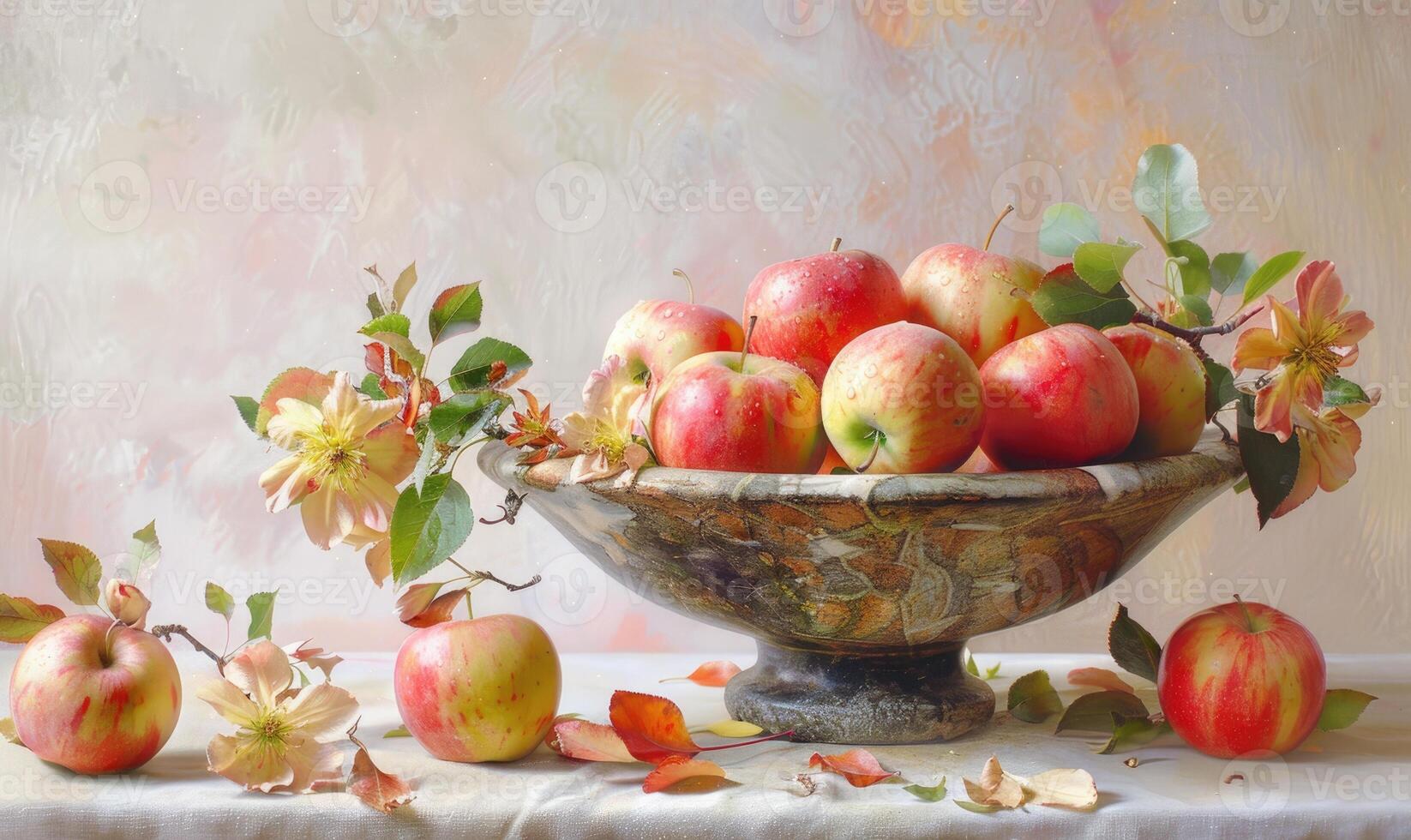 Close-up of autumn apples in a stone bowl photo