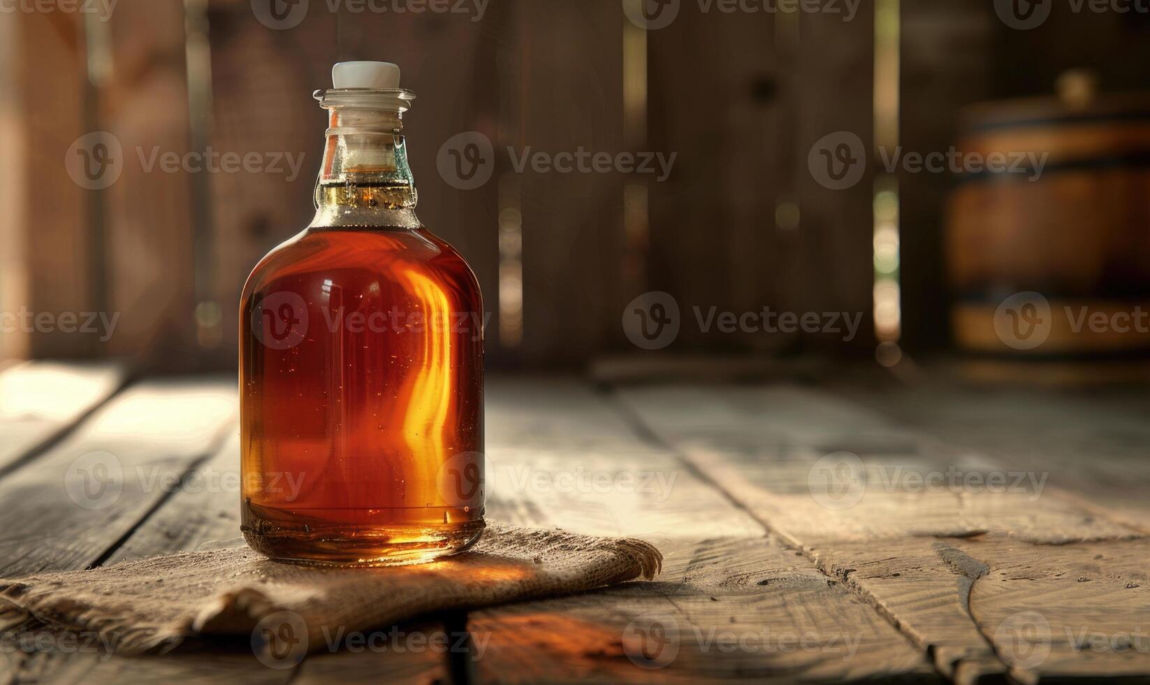 Bottle of apple syrup on a rustic wooden table photo