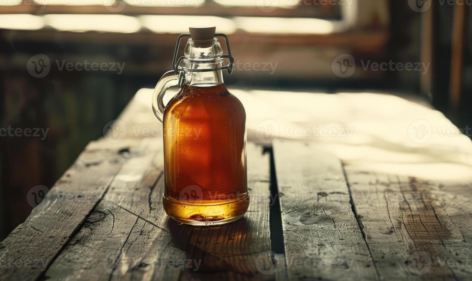Bottle of apple syrup on a rustic wooden table photo