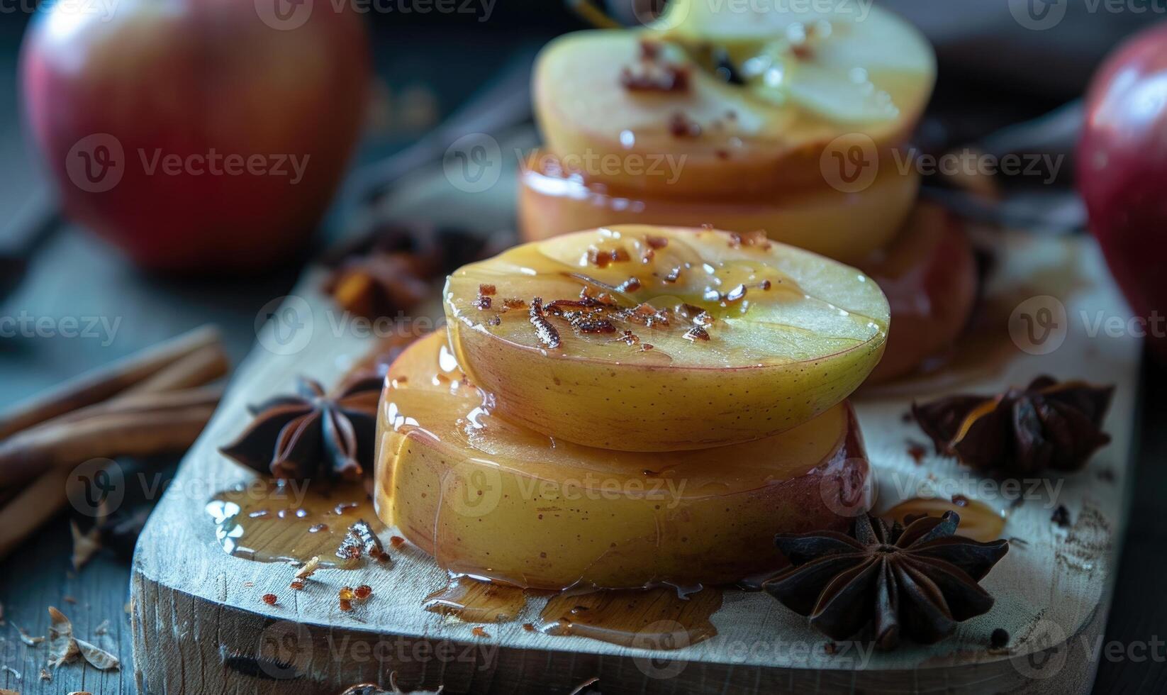 Caramel apple slices on a wooden board photo