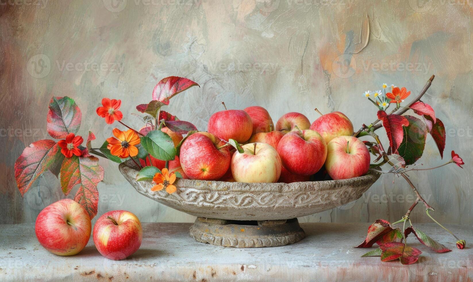 Close-up of autumn apples in a stone bowl photo