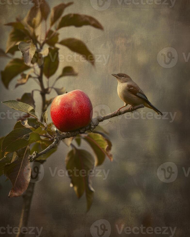 Apple with a small bird perched on the branch photo