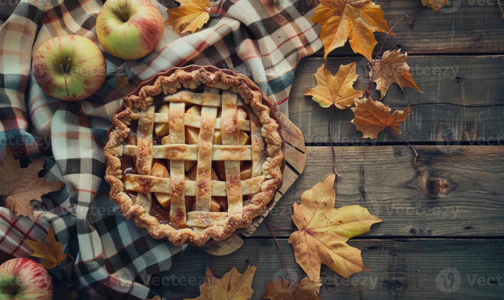 Apple pie on a rustic wooden table photo