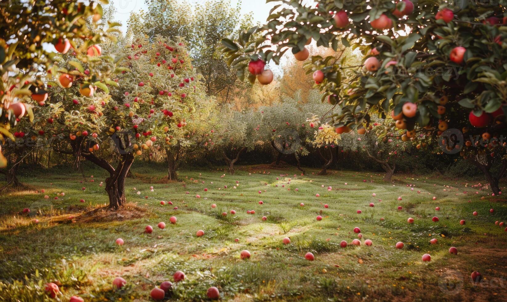 Apple orchard with trees full of ripe apples photo