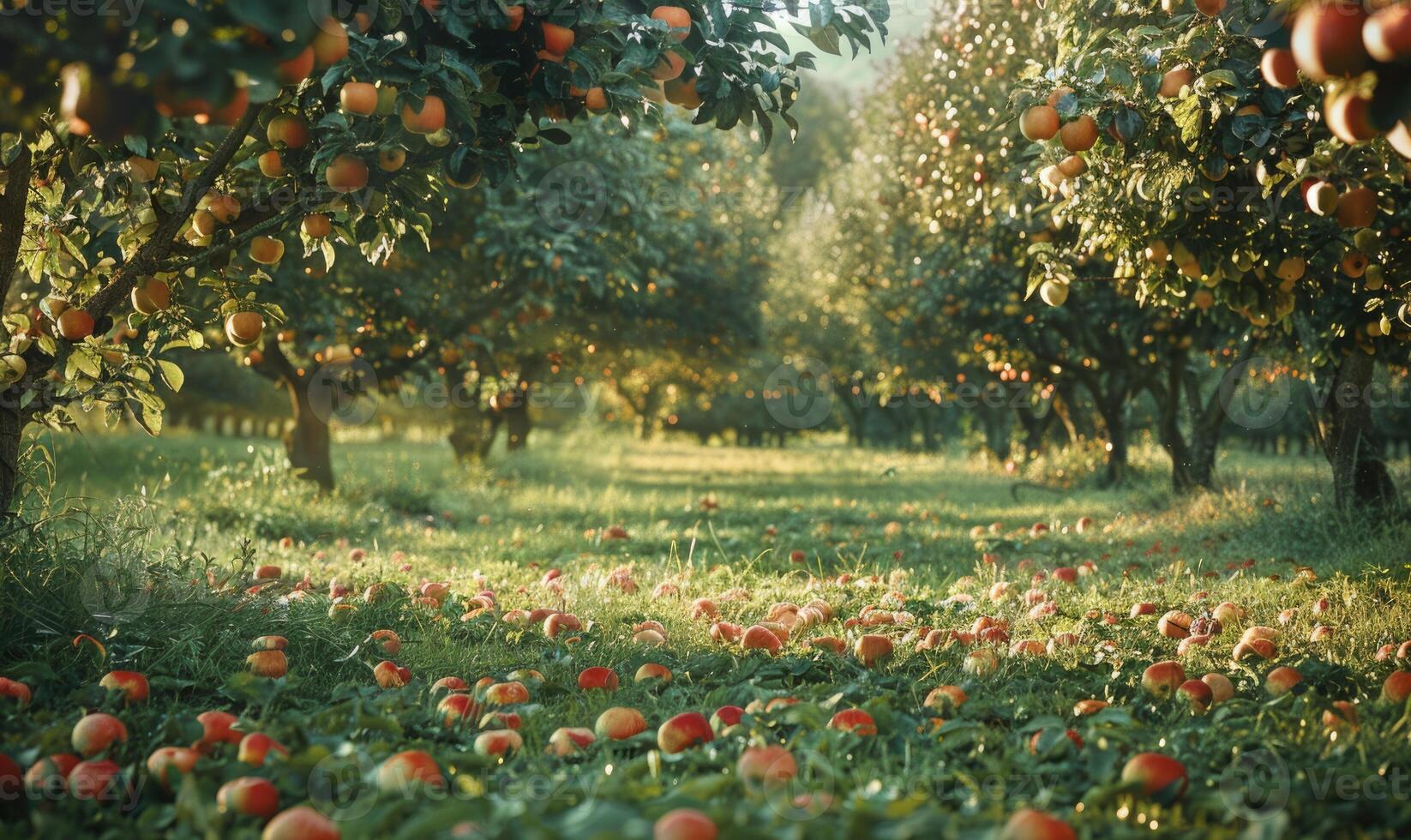 Apple orchard with trees full of autumn apples fallen apples on the ground photo