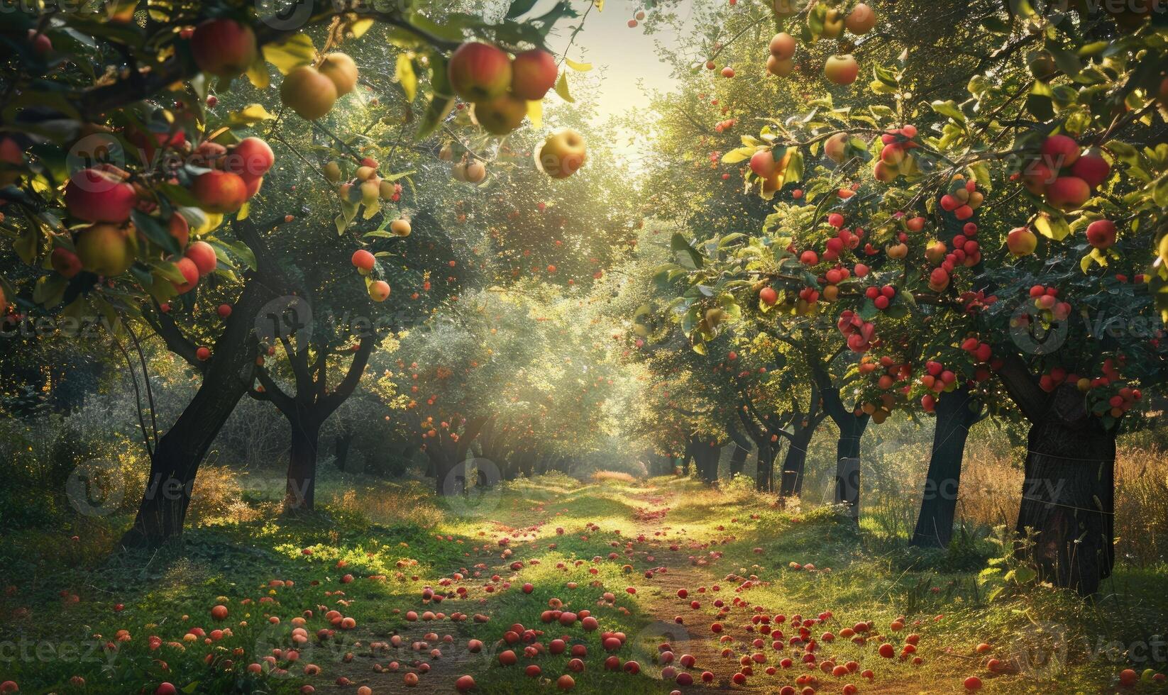 Apple orchard with trees full of ripe apples photo