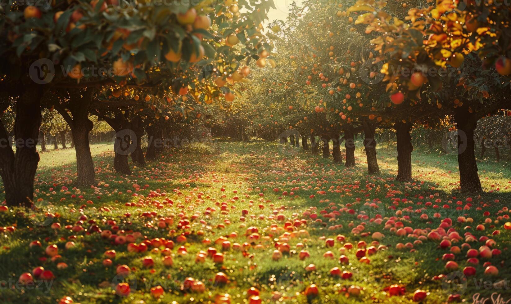 Apple orchard with trees full of autumn apples fallen apples on the ground photo