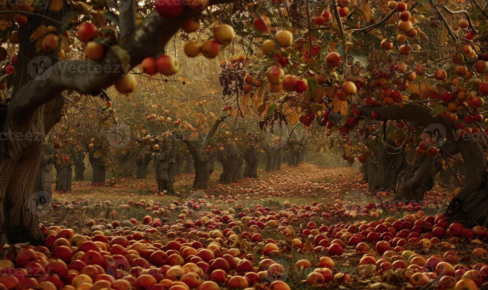 Apple orchard with trees full of ripe apples photo