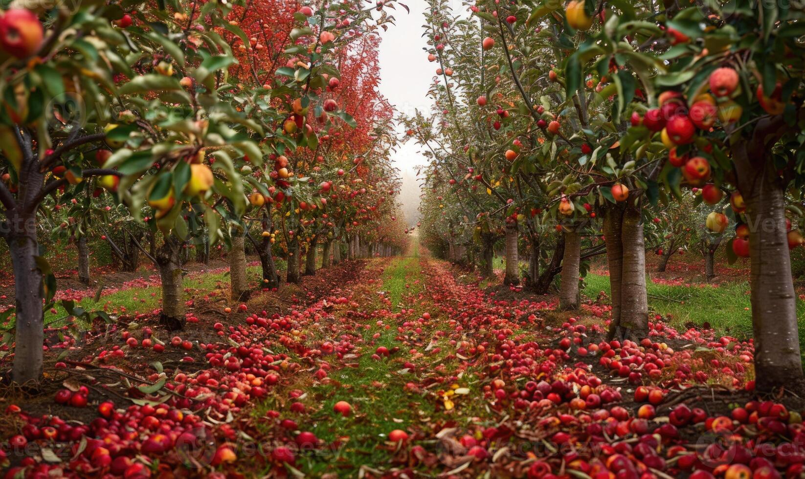 Apple orchard with rows of apple trees fallen apples on the ground photo