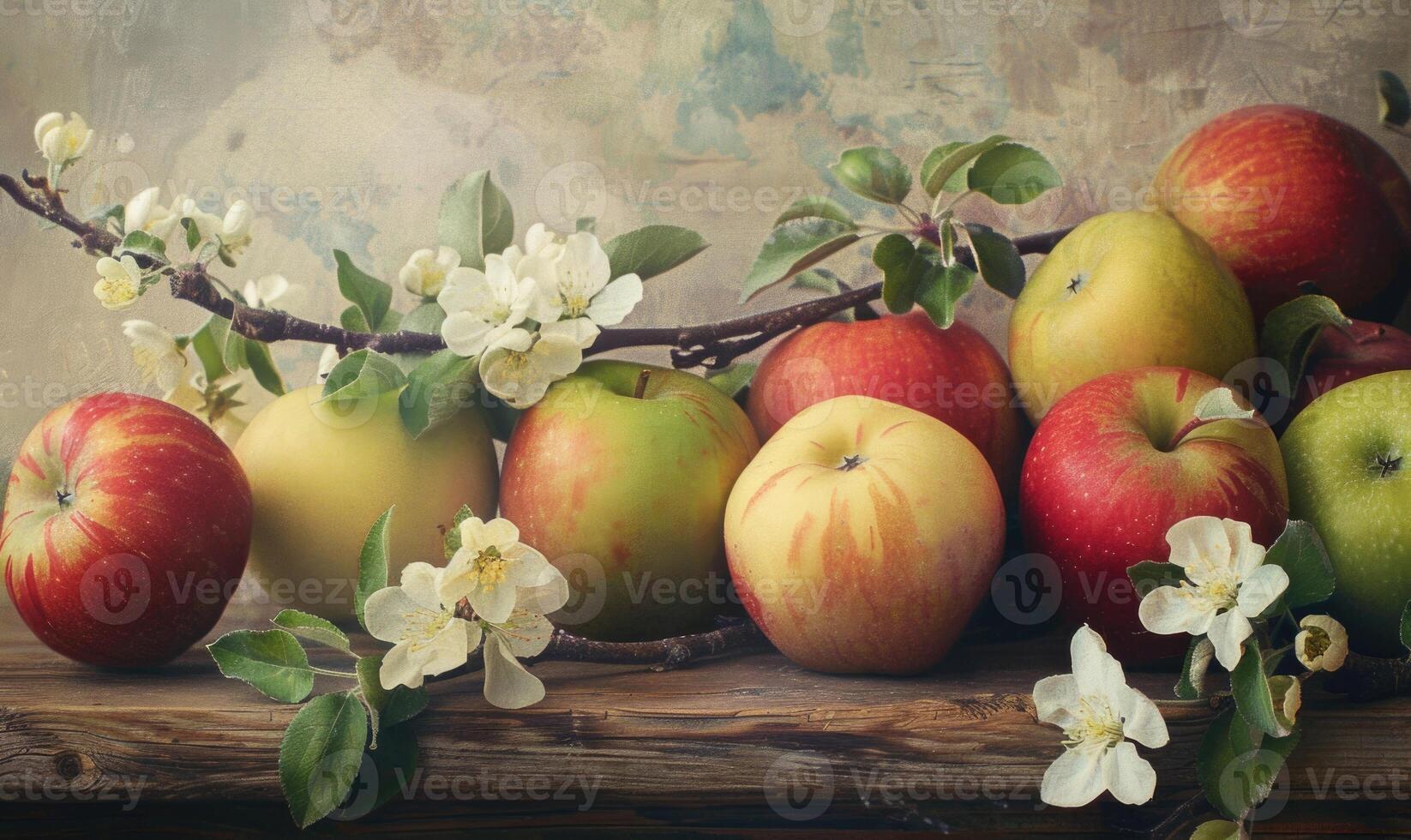 Close-up of a mix of red, green, and yellow apples on a wooden table photo