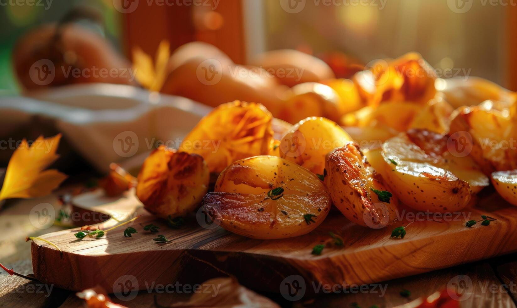 Close-up view of roasted potatoes on a wooden board photo