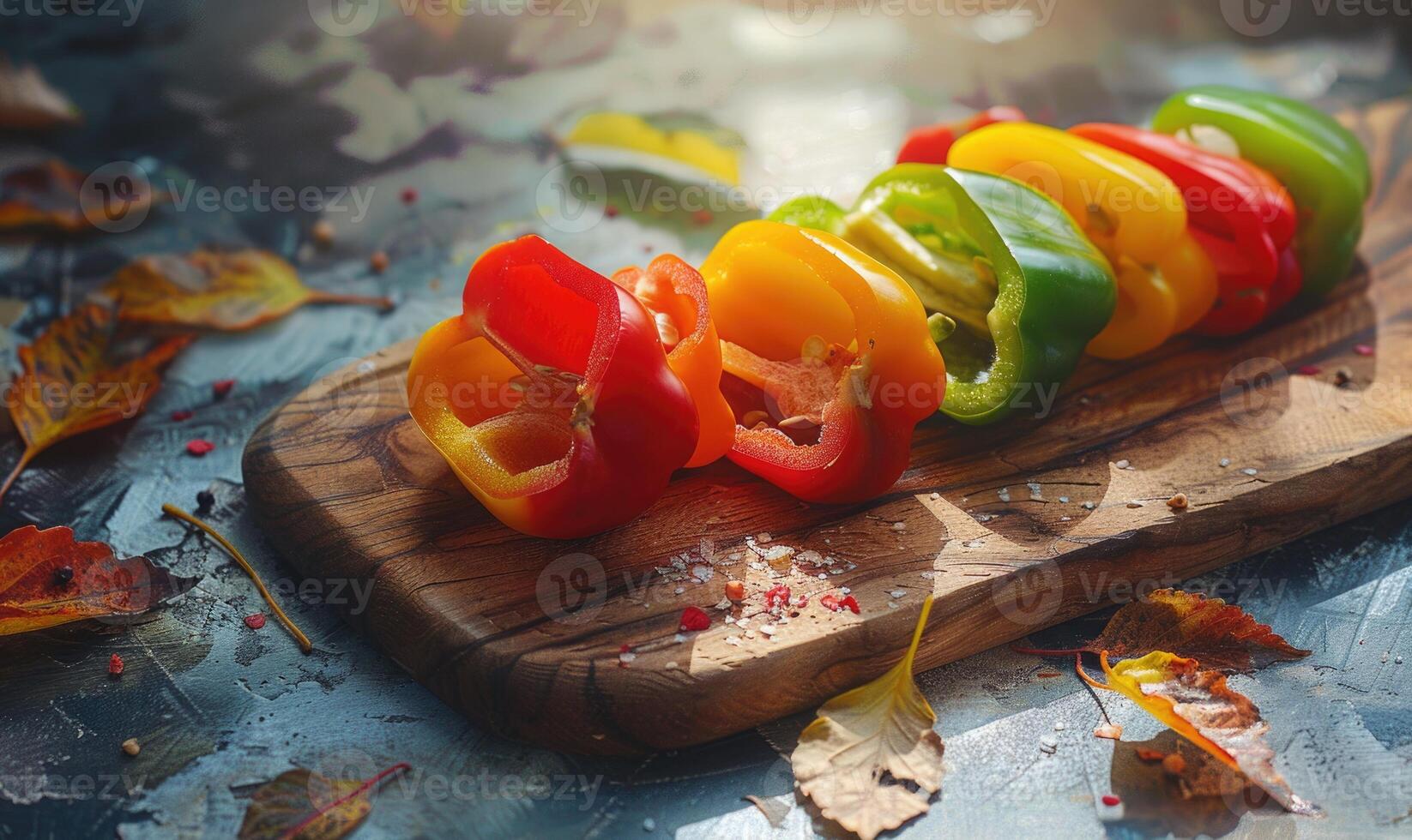 Close-up view of sliced bell peppers on a wooden board photo