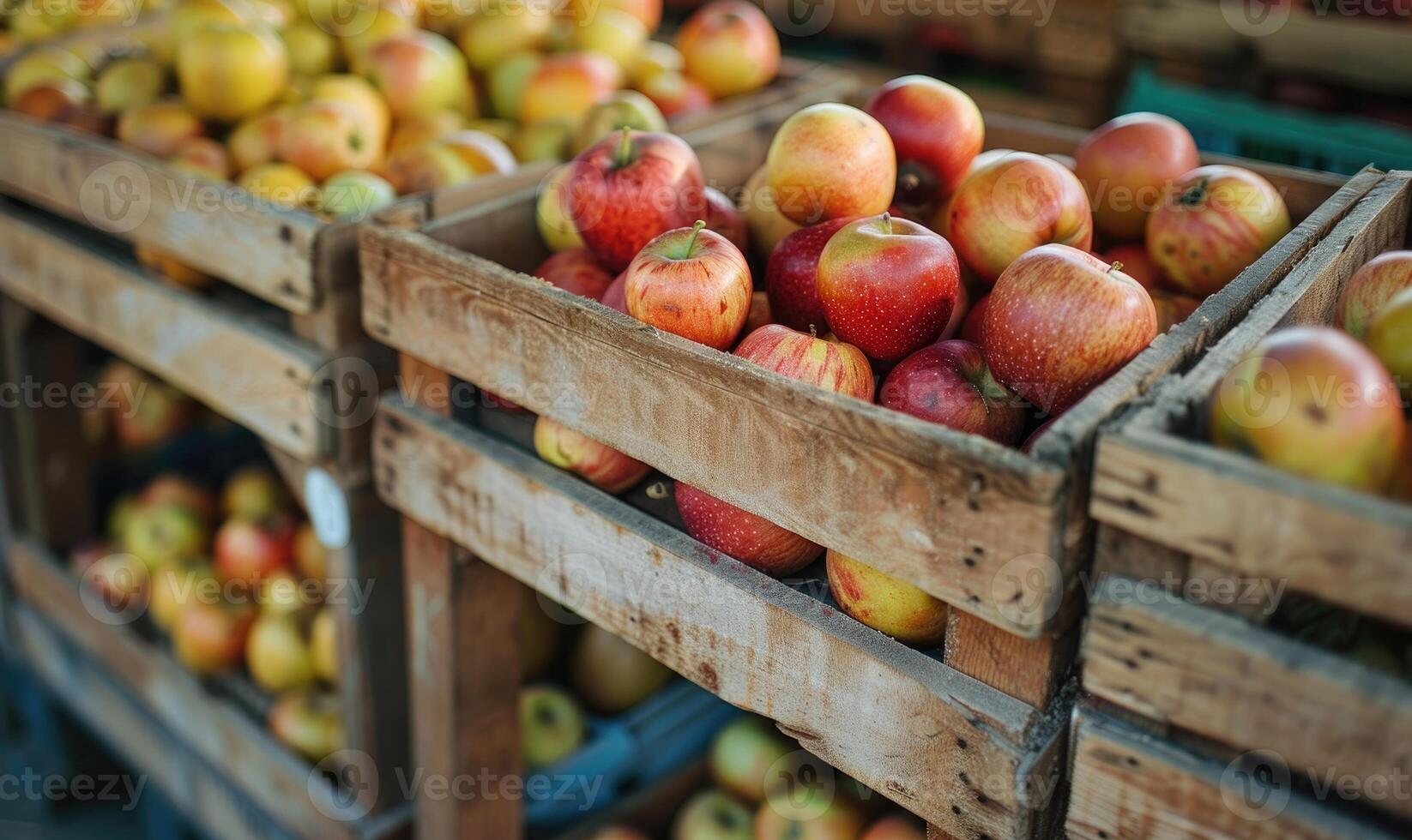 Display of assorted apples in wooden crates at a farmer's market photo