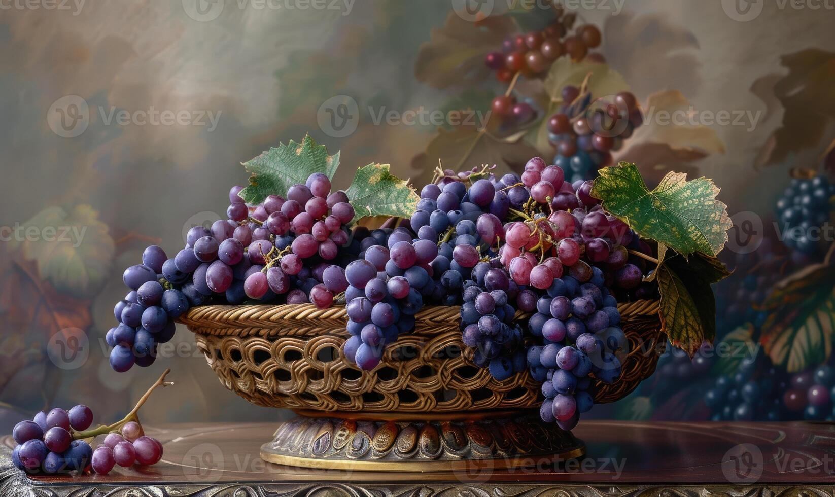 Grapes in a decorative basket with a rural backdrop photo